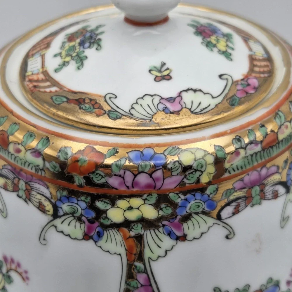 Vintage Cantonese Famille Rose Medallion Porcelain Tea Set Peonies Butterflies